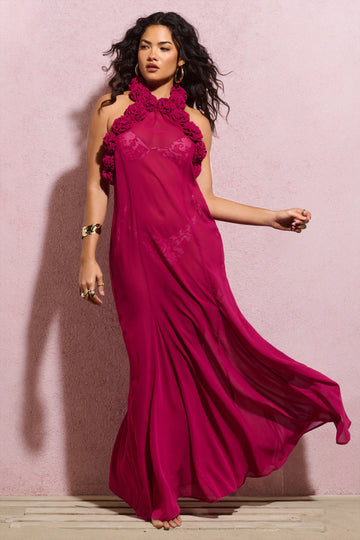 Naelya Dark Pink Chiffon Halter-Neck Maxi Dress With Corsages